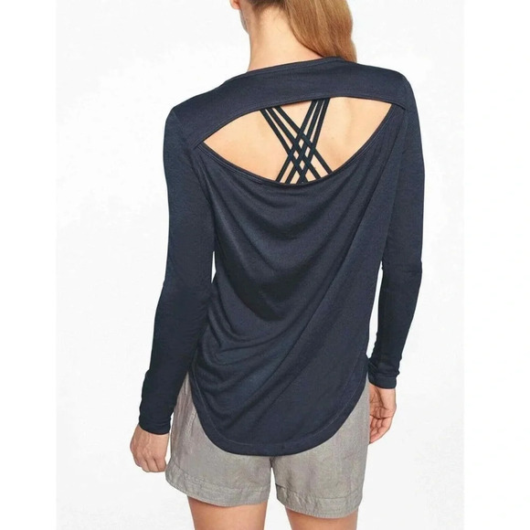 Athleta Breezy Navy Blue Cutout Back Semi-sheer Long Sleeve Top Small Women’s - Picture 1 of 12